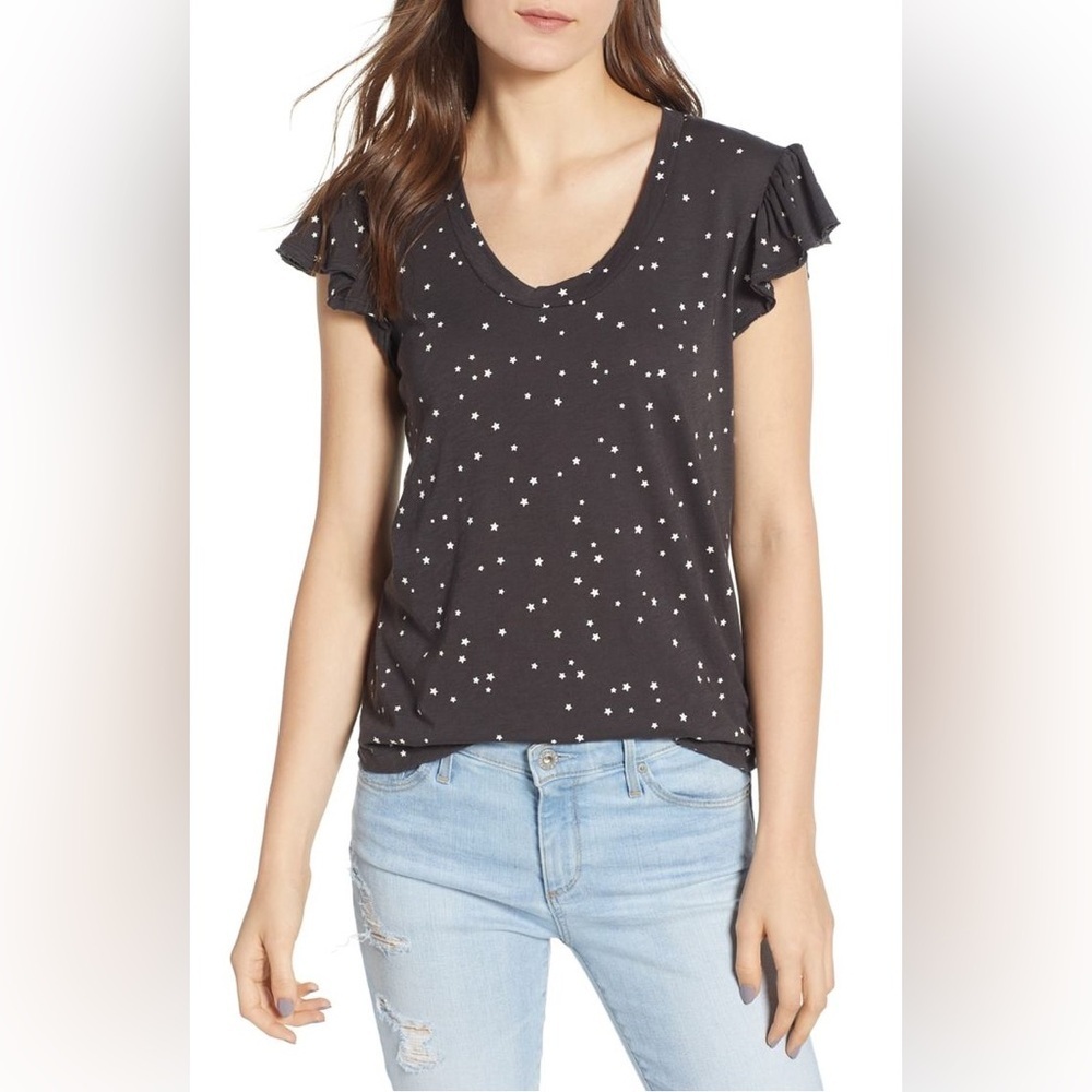 🎀Sundry 100% Pima cotton star print ruffle sleeve tee shirt small made in USA